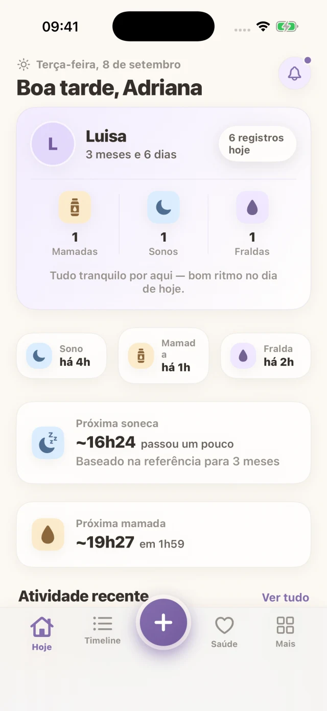 Tela real Hoje: rotina da bebê Luisa no tema claro e lavanda.