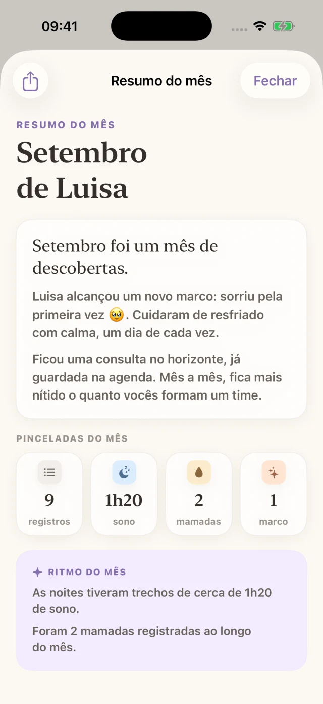 Resumo mensal real: Setembro de Luisa, com narrativa das descobertas e registros do mês.