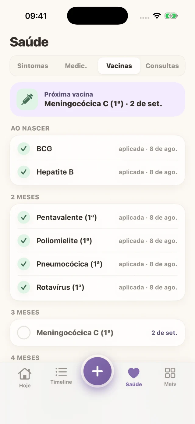 Tela real do Luma: Saúde, com dados fictícios de Luisa.
