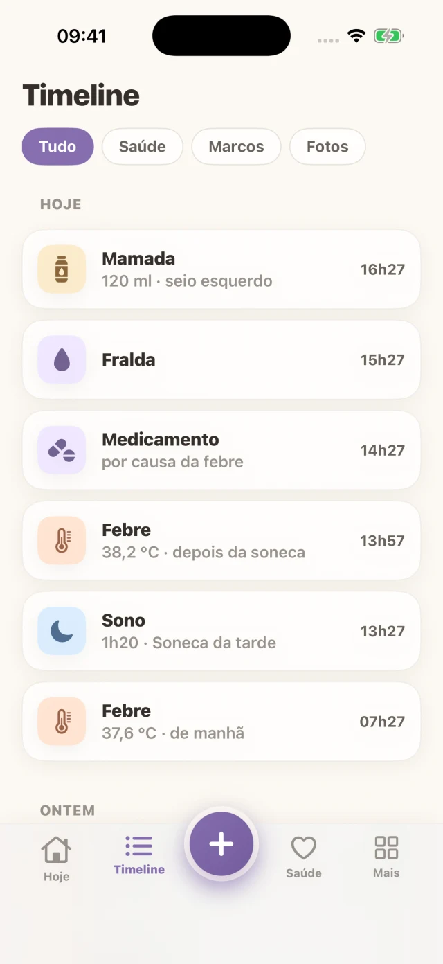 Tela real do Luma: Linha do tempo, com dados fictícios de Luisa.